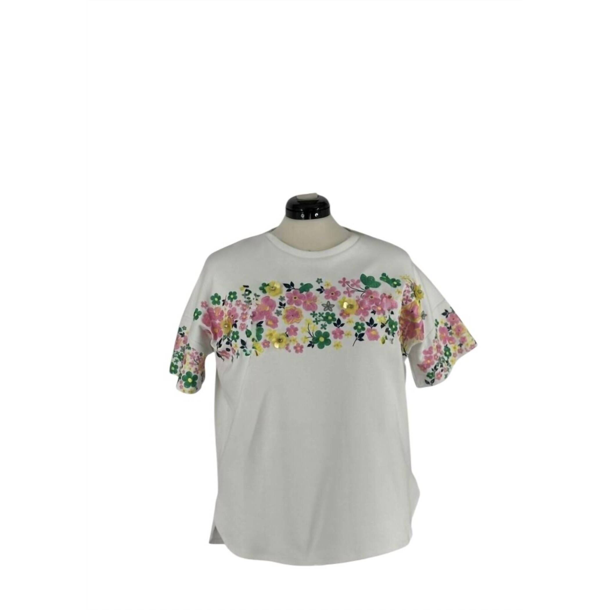 New Curated Basics Women's Embroidered Short Sleeve Top In Wh/Grn/Pk